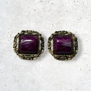 Vintage Purple Clip On Earrings Gold Filigree Statement Jewelry 1980s Earrings